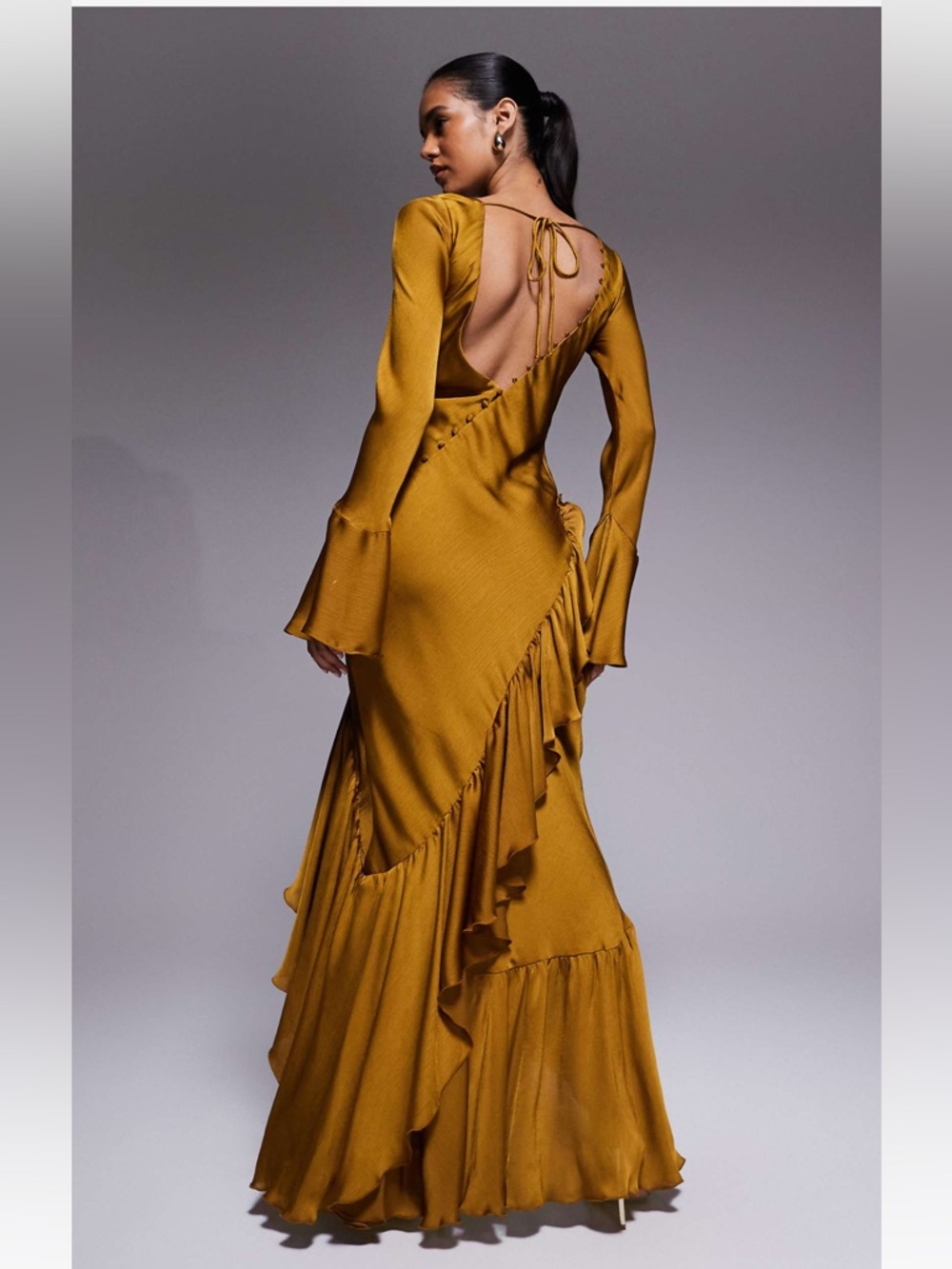 ASOS DESIGN
long sleeve ruffle maxi dress with open back in mustard - Picture 5 of 7
